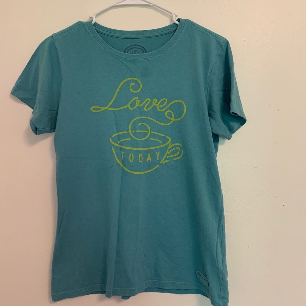 Life is Good T-Shirt Womens Small Blue Coffee Theme